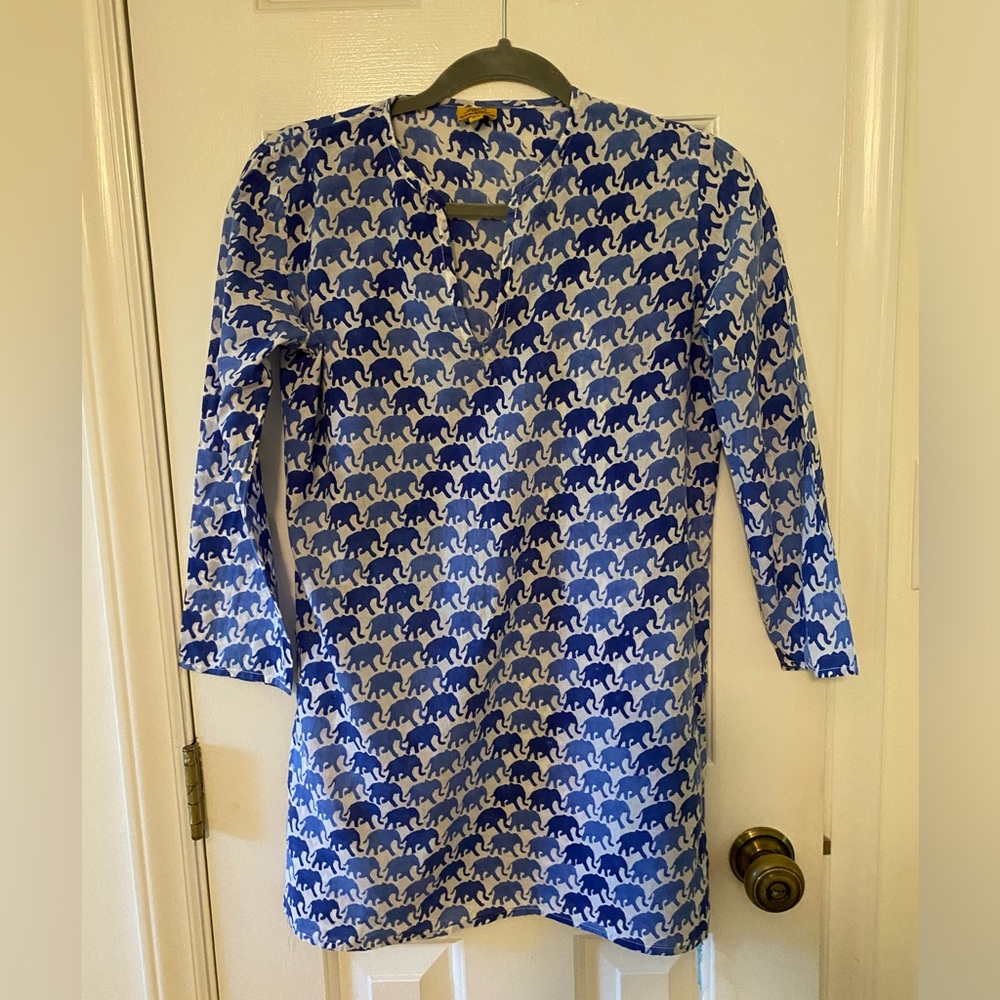 Roberta ROLLER RABBIT•Blue & White Elephant 3/4 Sleeve Tunic XS